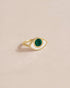A 14K yellow gold ring with a malachite stone shaped like an eye, placed on a light background.
