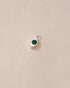 A small silver charm with a round malachite gemstone centered on a beige background.
