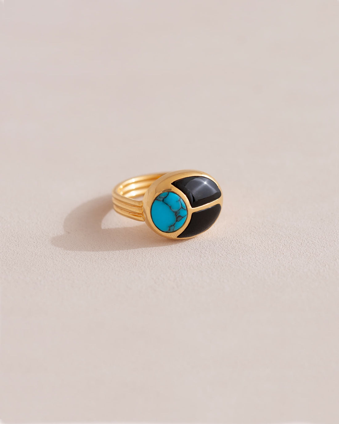 SunRa Ring - Turquoise and Onyx - Vermeil