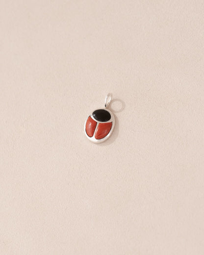 A silver-colored charm with an onyx and red jasper design, intended for use as a talisman.